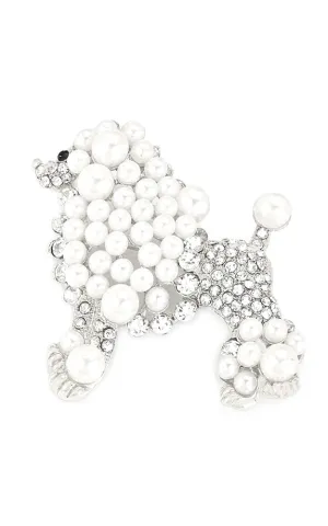 06301 White Pearl / Clear Crystal Poodle Brooch