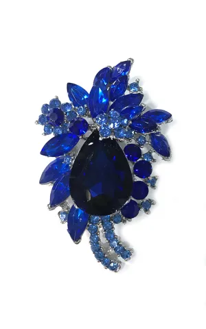 06334 Blue Glass Crystal Teardrop Flower Brooch