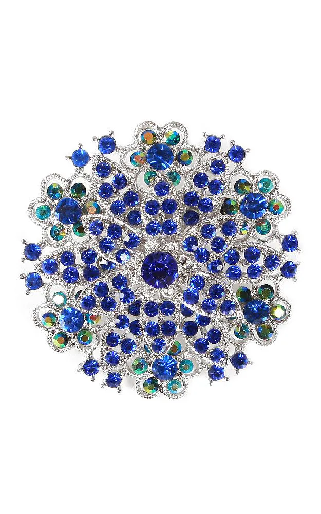 06564 Blue Silver Crystal Pave Chunky Brooch