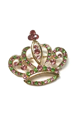 06621 Pink Green Mixed Stone Lined Crown Brooch