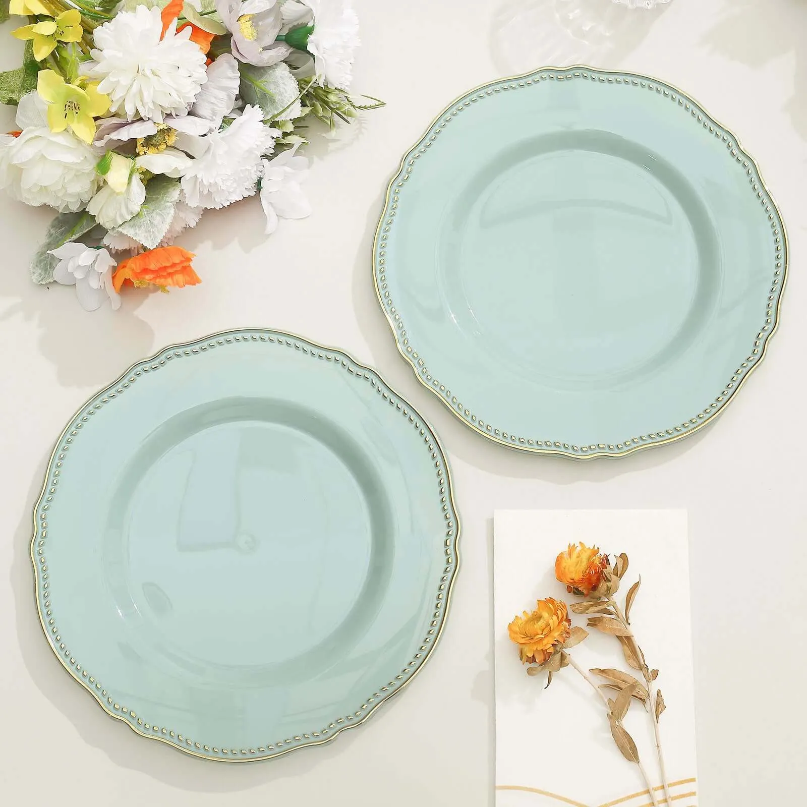 10 Pack Jade / Gold Scalloped Rim Plastic Dinner Plates, Disposable Party Plates 9"