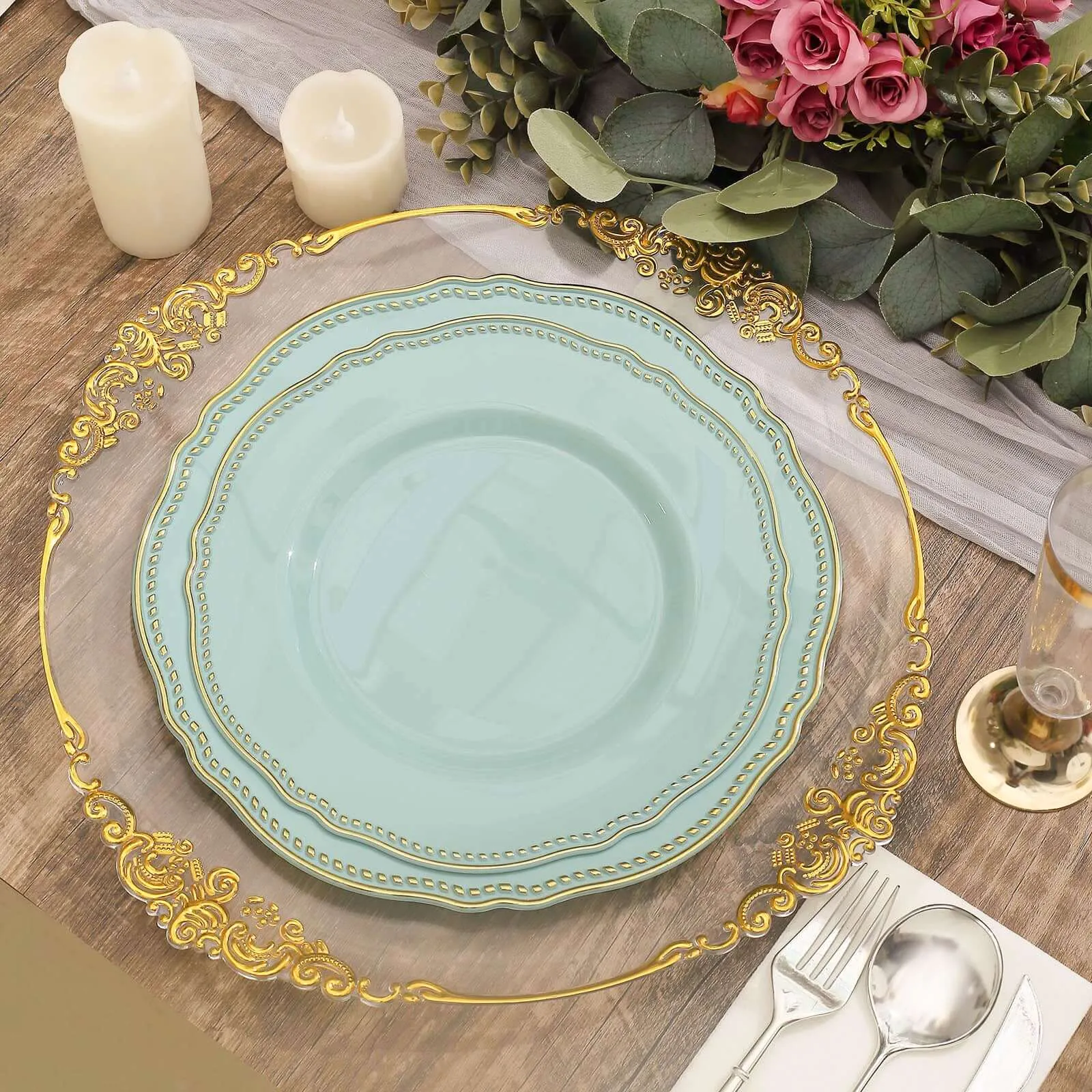 10 Pack Jade / Gold Scalloped Rim Plastic Dinner Plates, Disposable Party Plates 9"