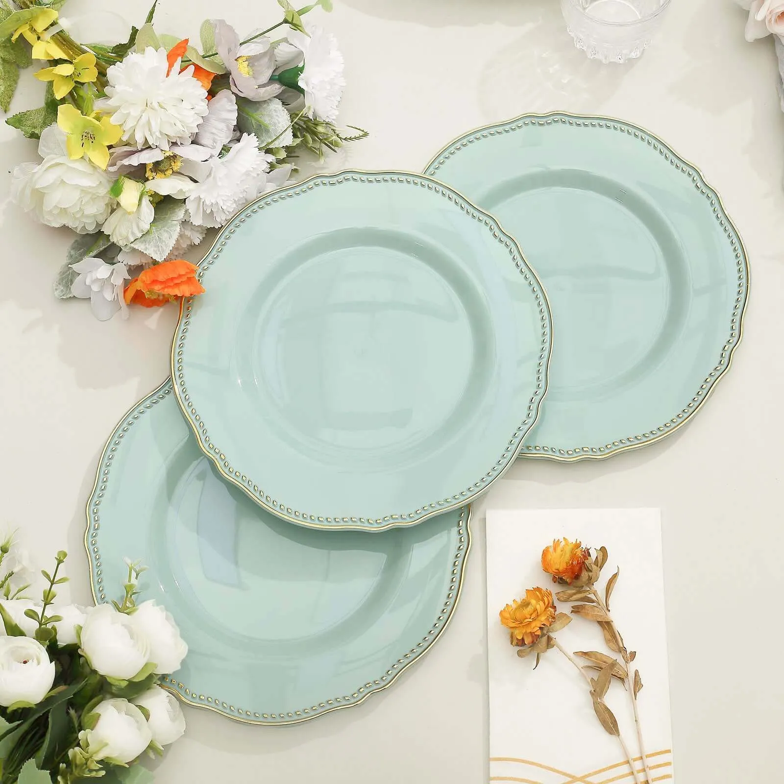 10 Pack Jade / Gold Scalloped Rim Plastic Dinner Plates, Disposable Party Plates 9"