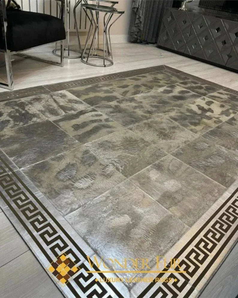 100% Genuine Leather Luxury Cowhide Area Rug, Non Slip Rugs for Kitchen Room Greek Key Pattern