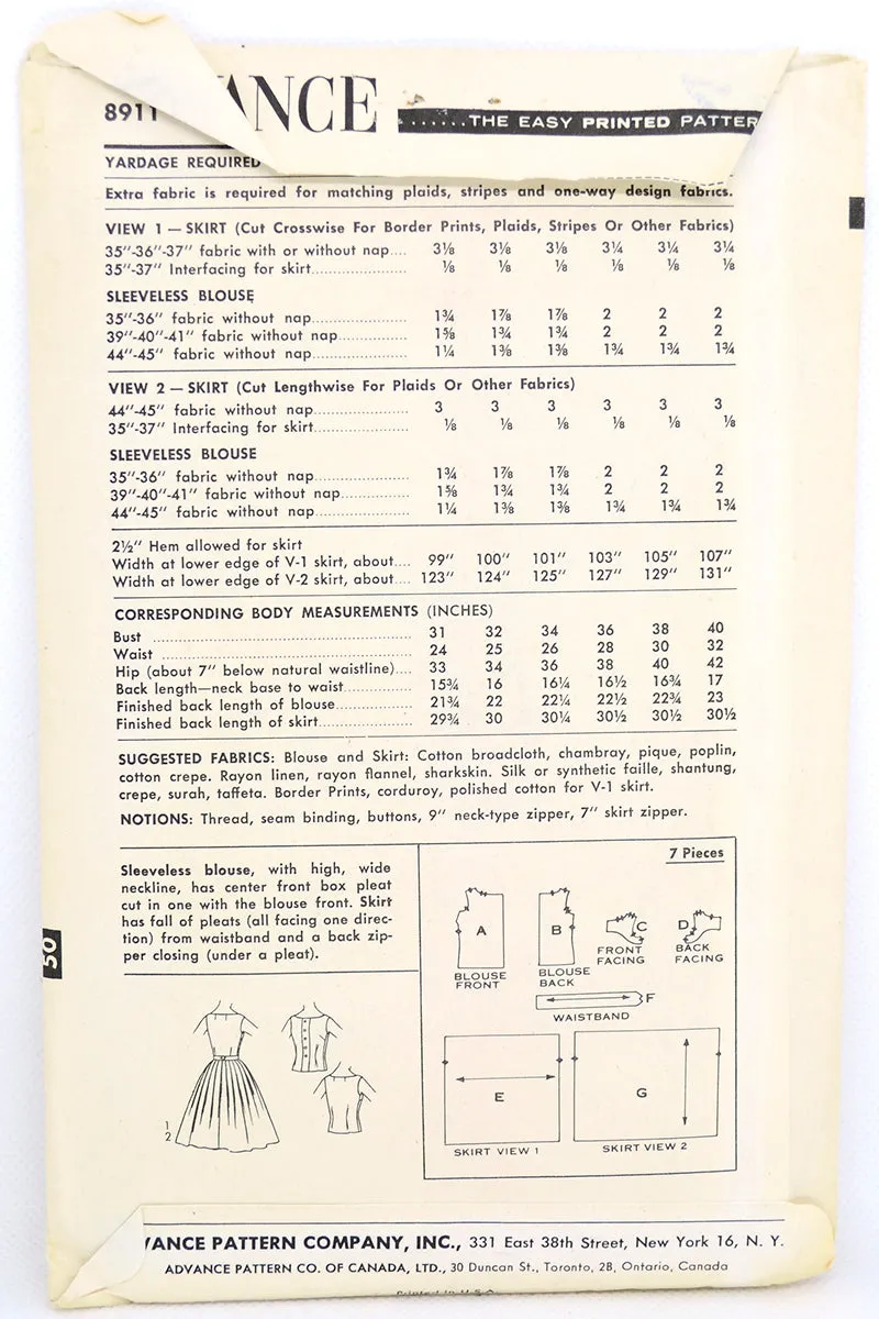 1950s Advance 8911 Vintage Blouse & Skirt Sewing Pattern