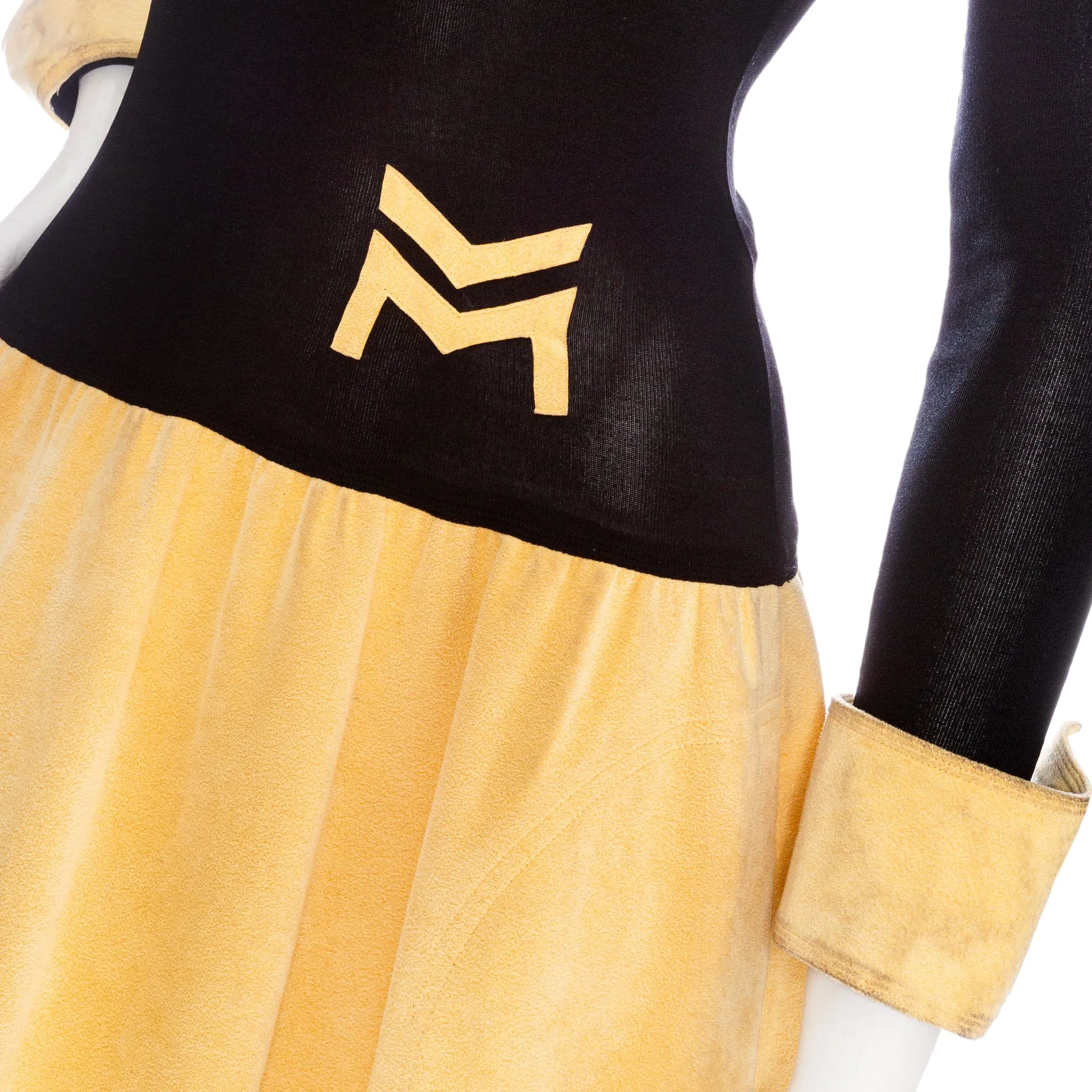 1970s Black Stretch Rayon and Yellow Suede Speed Suit Dress