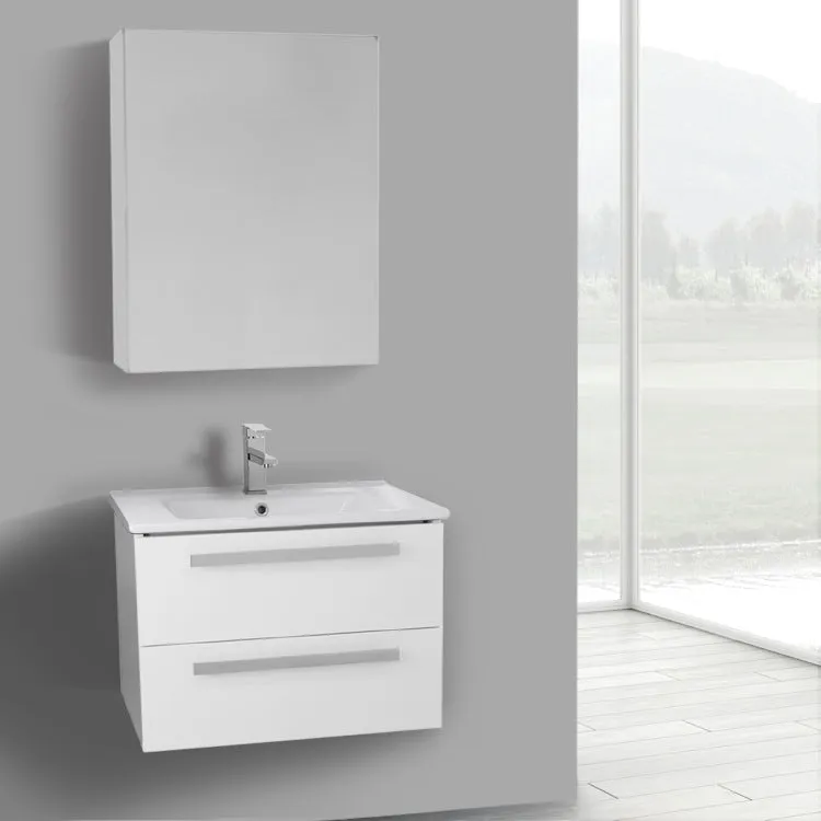 25 Inch Glossy White Wall Mount Bathroom Vanity Set, 2 Drawers, Medicine Cabinet Included