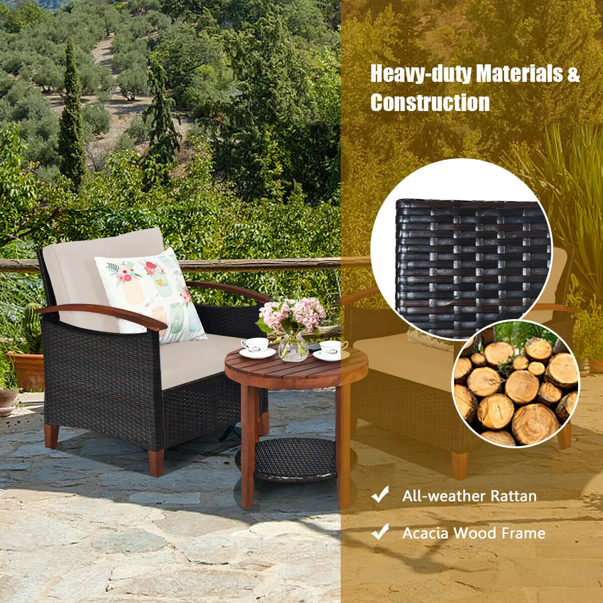 3-Piece Rattan Furniture Set with Removable Cushions abd Washable Covers-Brown