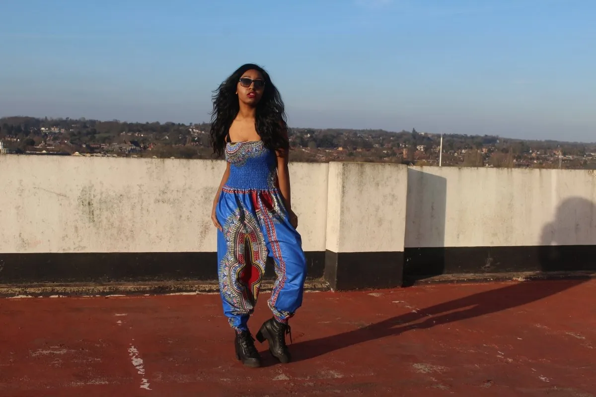 African Jumpsuit in Blue Dashiki Print