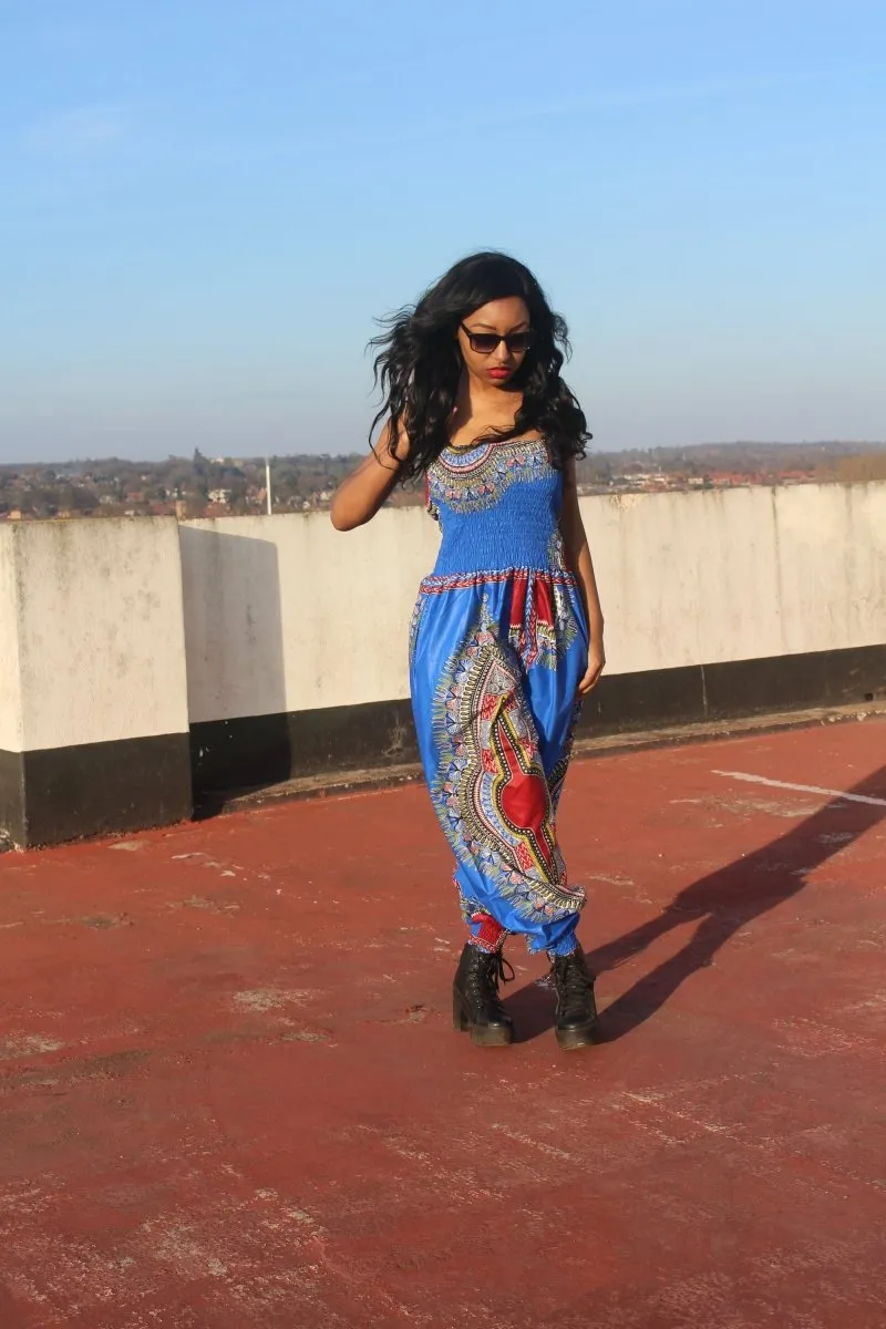 African Jumpsuit in Blue Dashiki Print