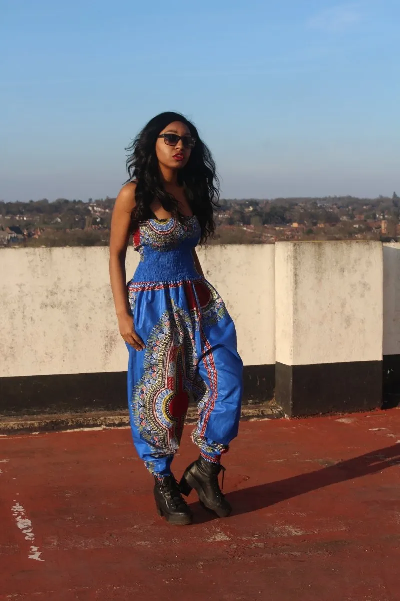 African Jumpsuit in Blue Dashiki Print