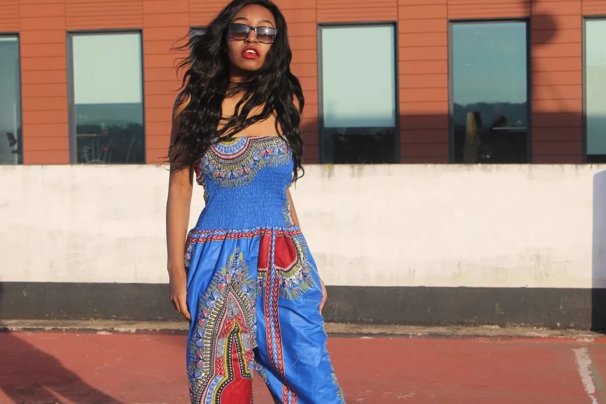 African Jumpsuit in Blue Dashiki Print