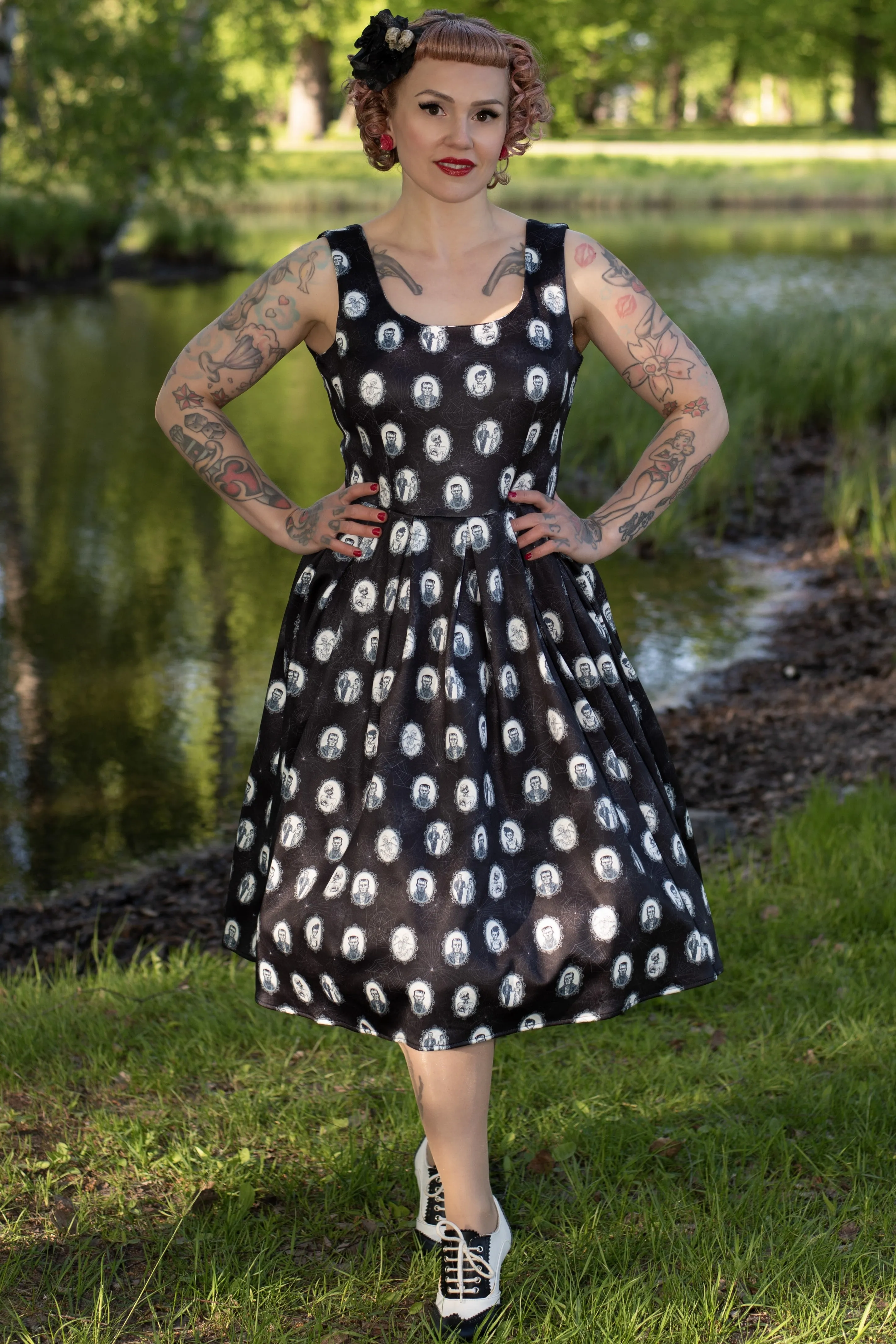 Amanda Black Frankenstein Monster Print Swing Dress