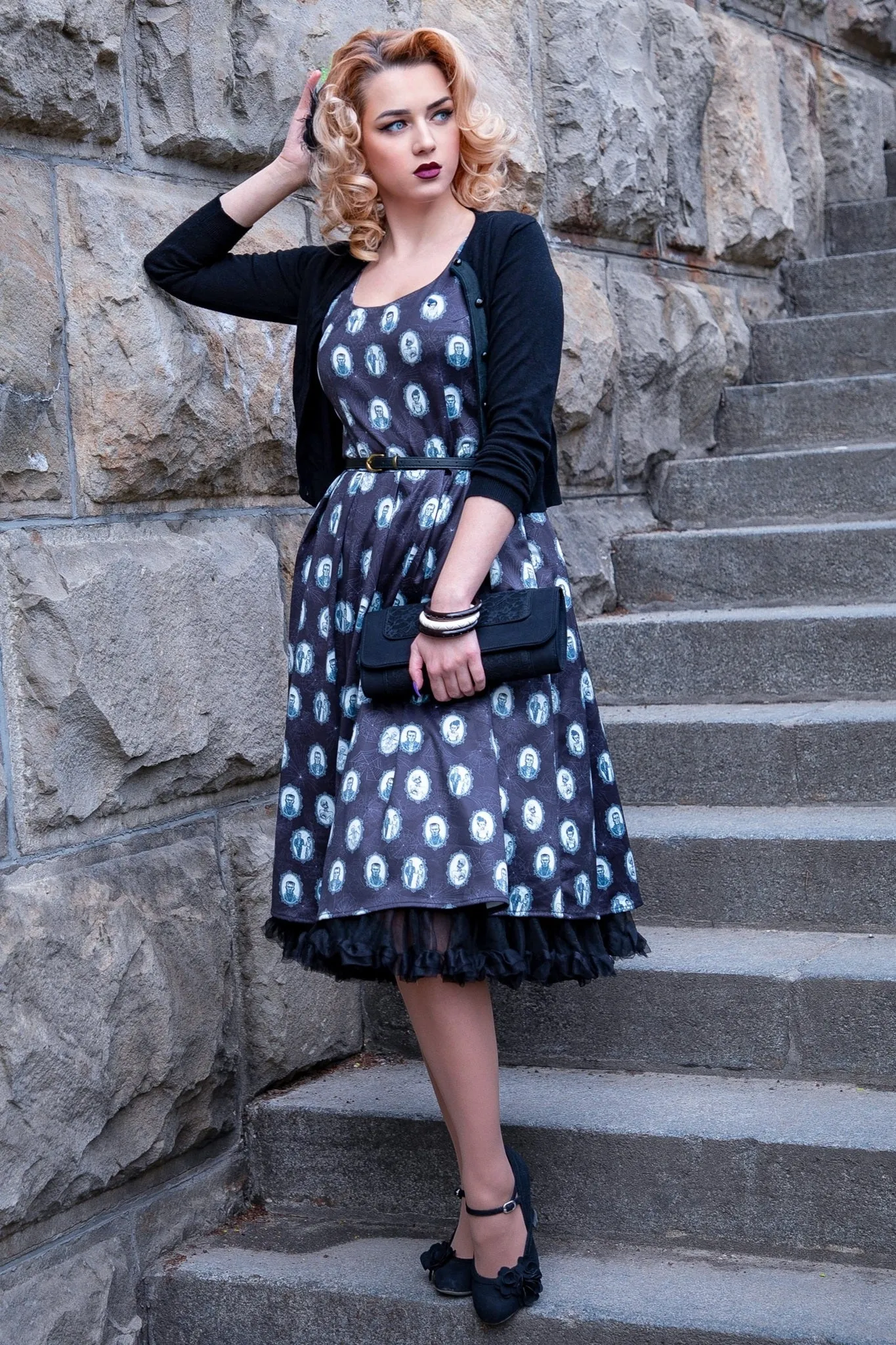 Amanda Black Frankenstein Monster Print Swing Dress