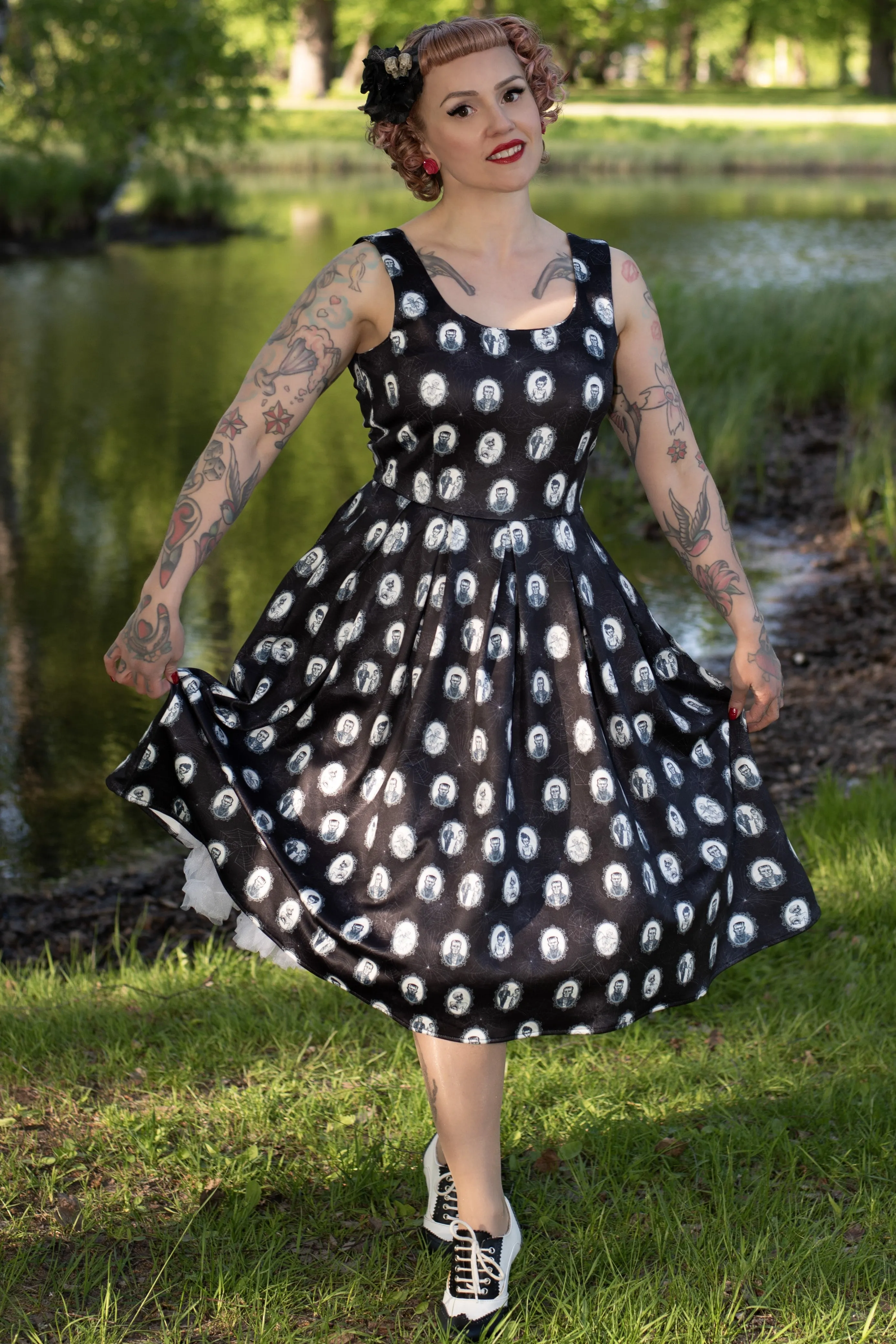 Amanda Black Frankenstein Monster Print Swing Dress