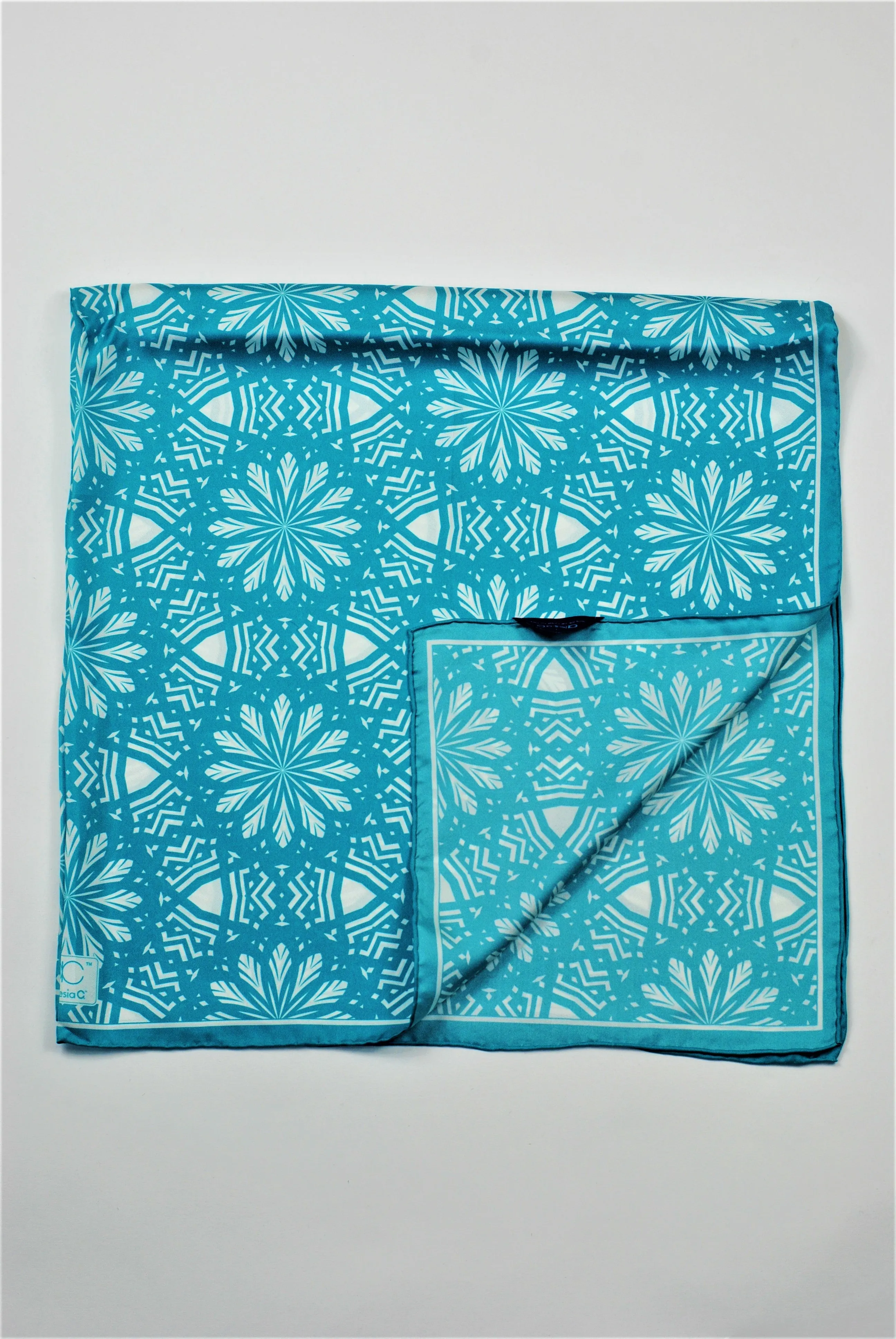 ASTER Mandala Designer 100% Silk Scarf in Turquoise White