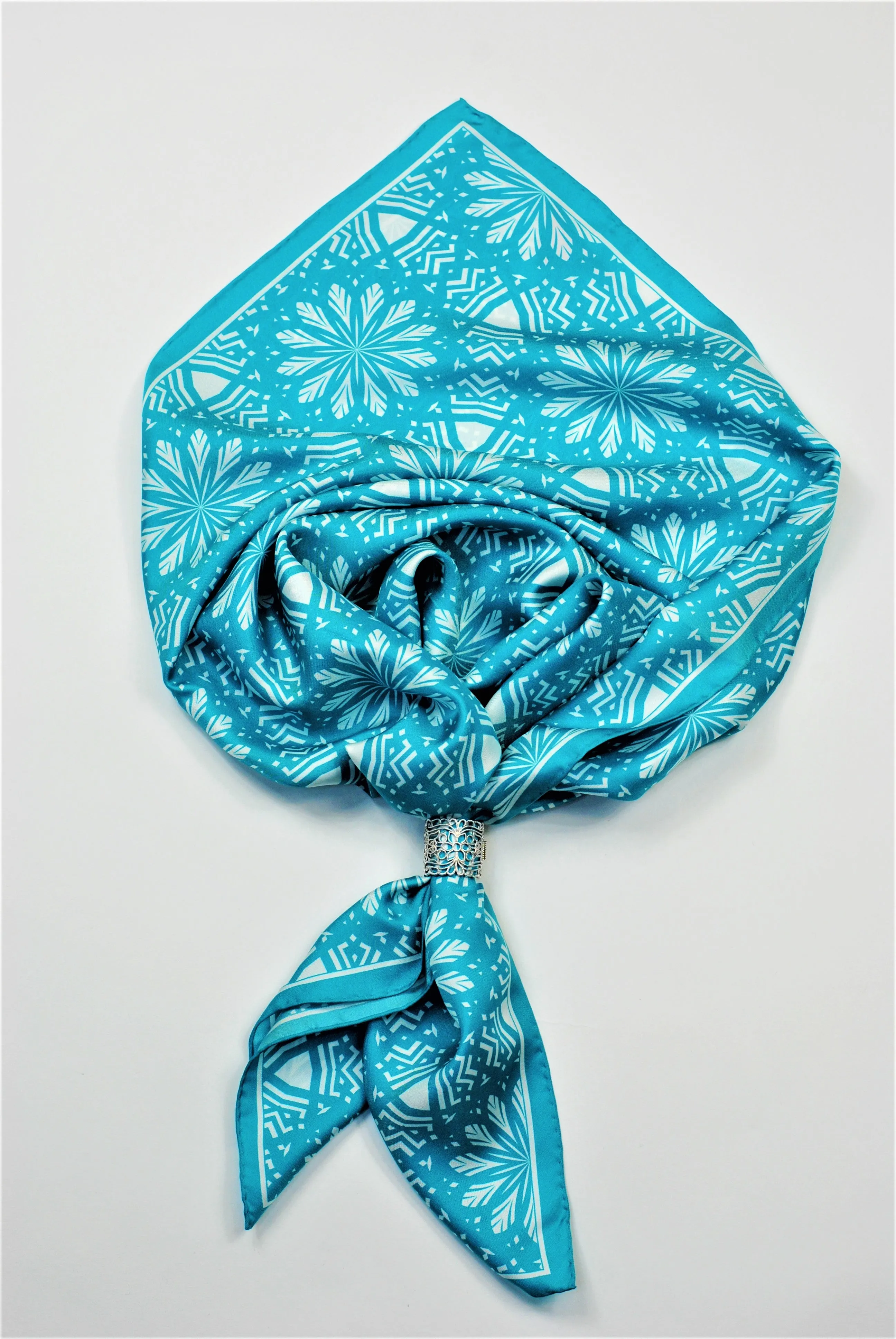 ASTER Mandala Designer 100% Silk Scarf in Turquoise White