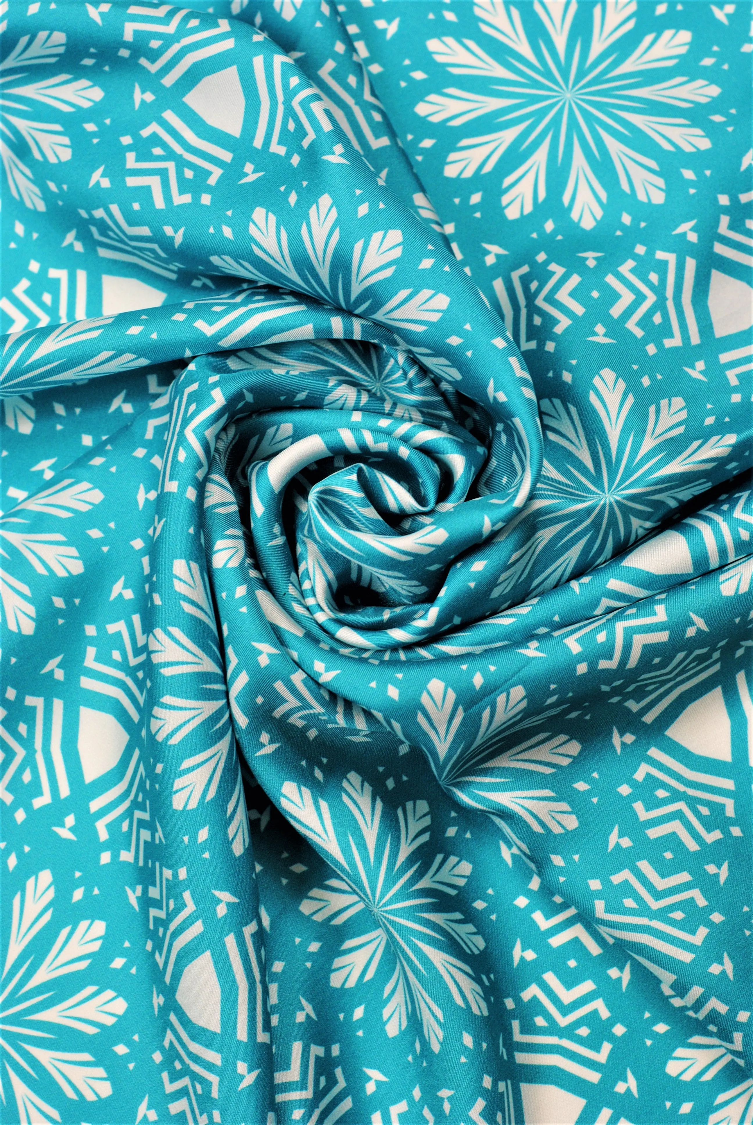 ASTER Mandala Designer 100% Silk Scarf in Turquoise White