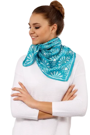 ASTER Mandala Designer 100% Silk Scarf in Turquoise White