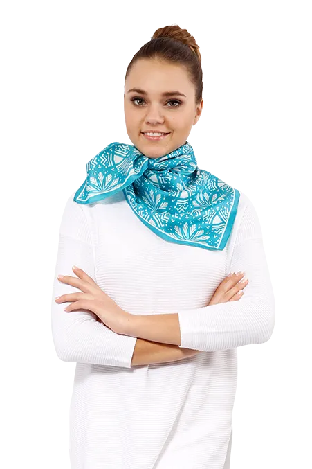 ASTER Mandala Designer 100% Silk Scarf in Turquoise White