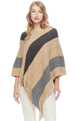 BAAP2057 Herringbone Stripe Pattern Poncho w/Fringes