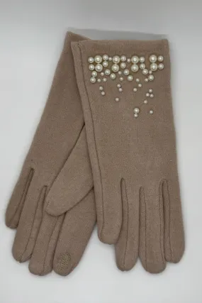 Beige Felted Gloves with Pearls