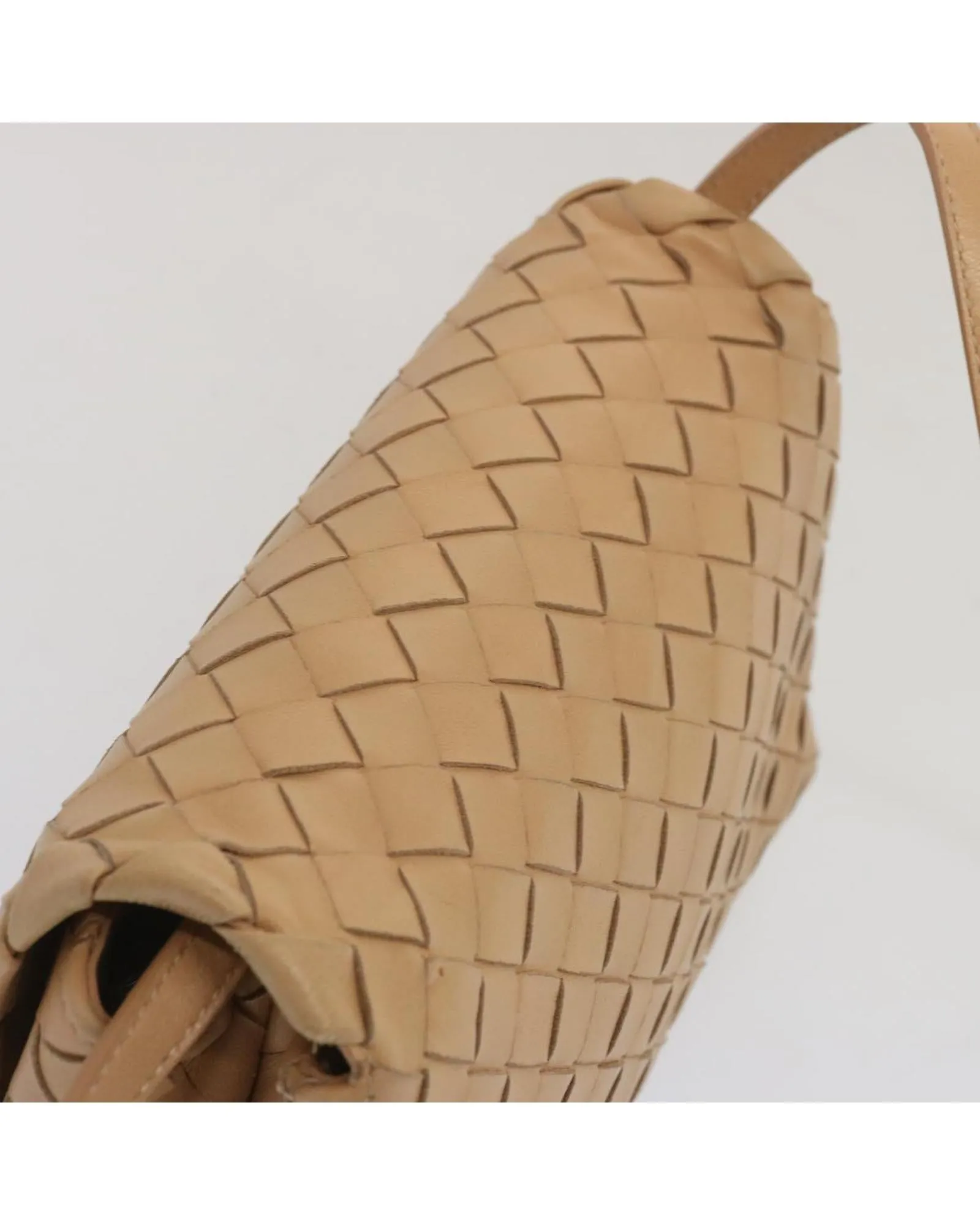 Beige Leather Shoulder Bag with Intricate Weaving Detail