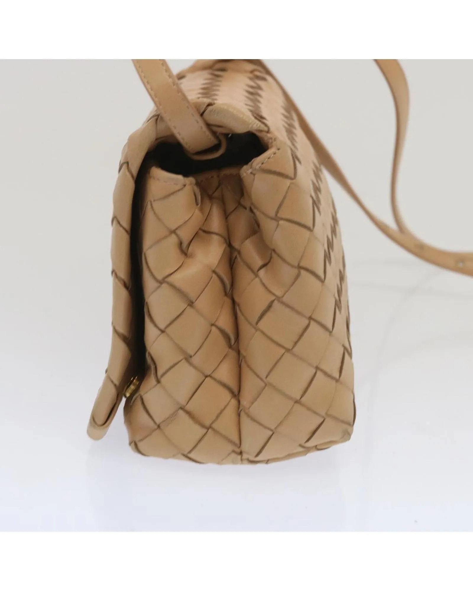 Beige Leather Shoulder Bag with Intricate Weaving Detail