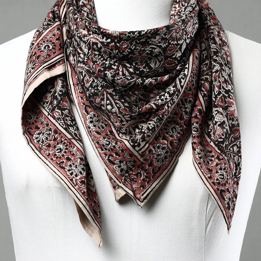 Black - Pedana Kalamkari Block Printed Natural Dyed Cotton Scarf 33