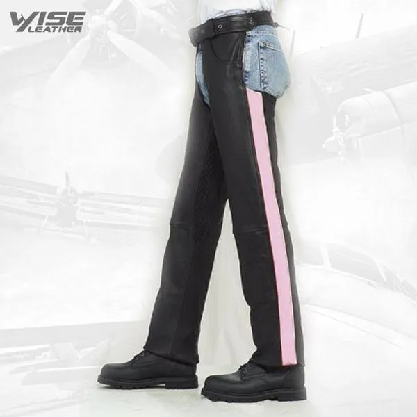 Black Pink Stripe Women's Premium Cowhide Motorcycle Chaps