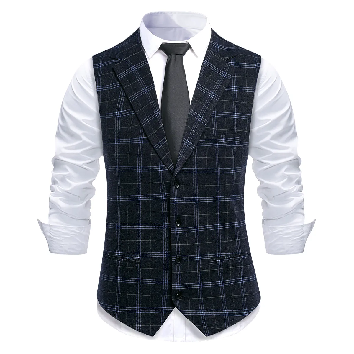 Black Slim Fit Lapel Collar Plaid Single Breasted Vest