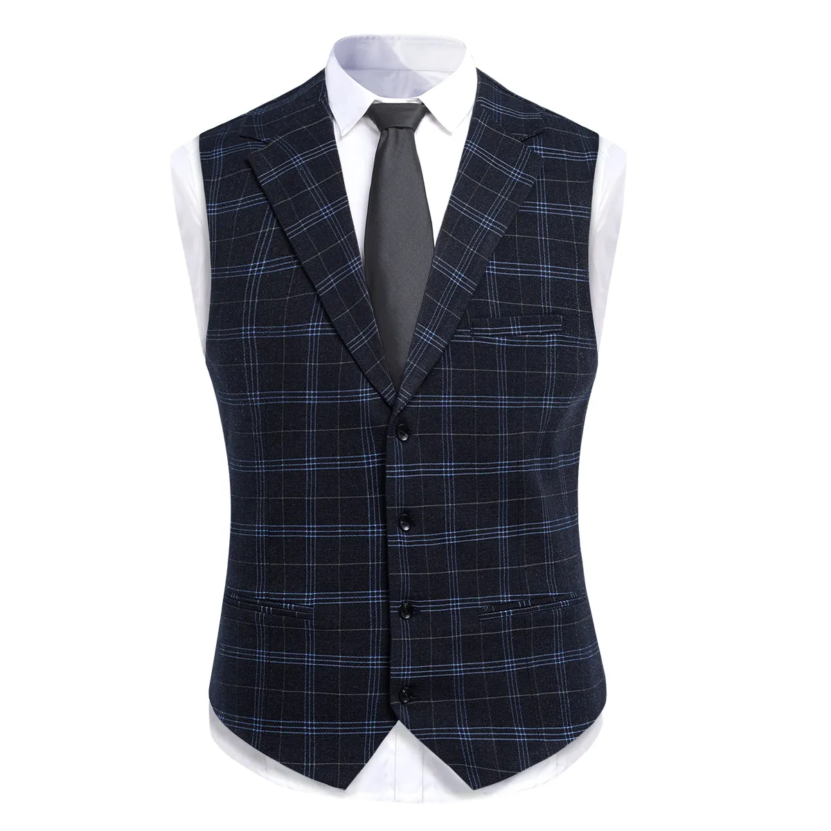 Black Slim Fit Lapel Collar Plaid Single Breasted Vest