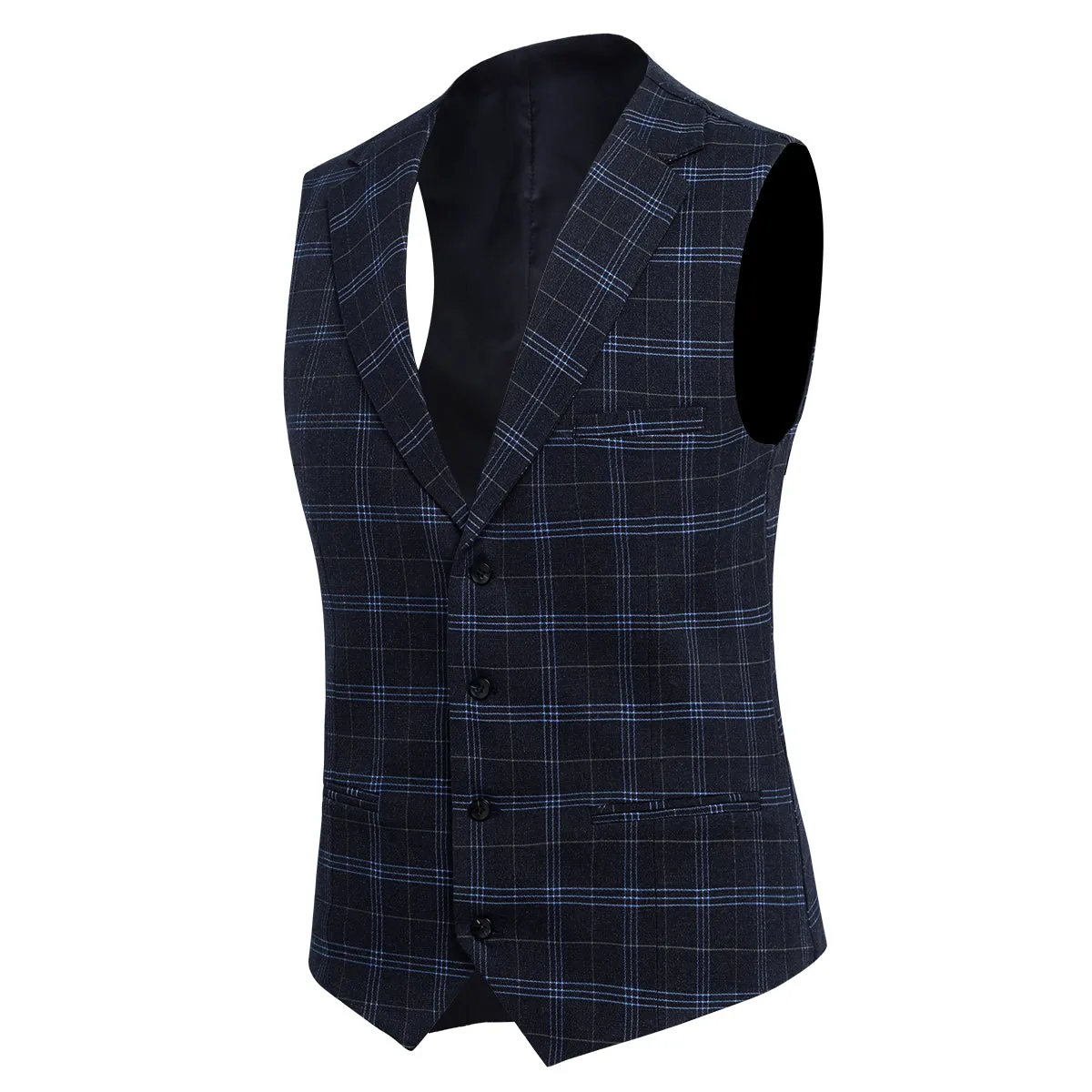 Black Slim Fit Lapel Collar Plaid Single Breasted Vest