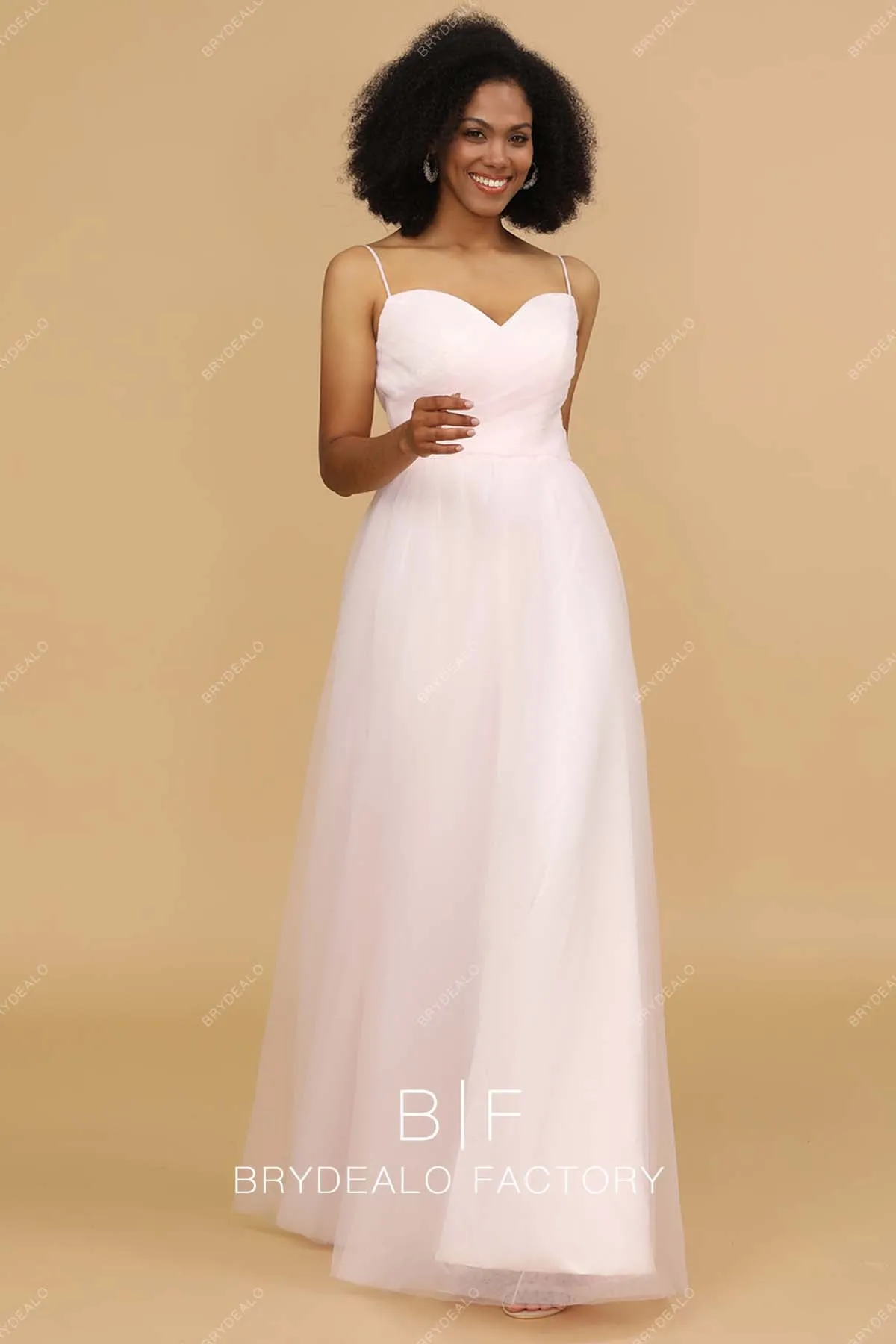 Blush Pink Spaghetti Strap Sweetheart Neck Tulle Bridesmaid Dress