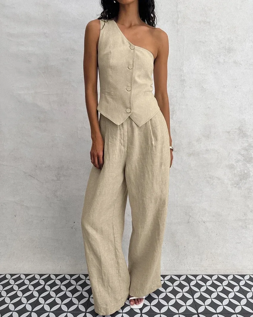 Boled Statement Vest Suit with Pants in Khaki