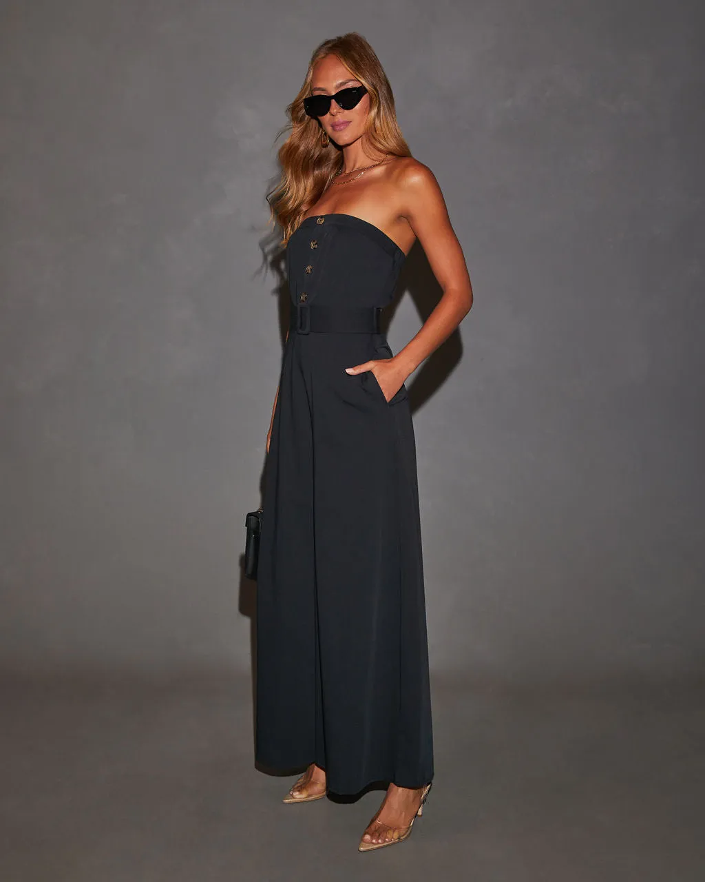 Boss Lady Strapless Waist Tie Jumpsuit