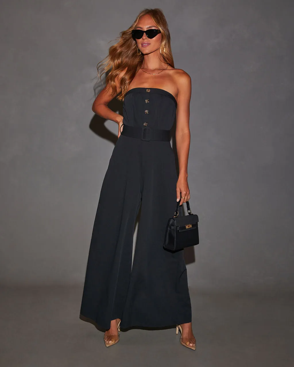 Boss Lady Strapless Waist Tie Jumpsuit