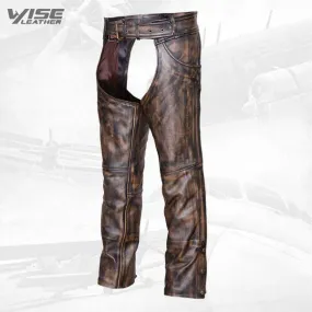 Brown Distressed Leather Motorcycle Biker Chaps with Jeans Pocket