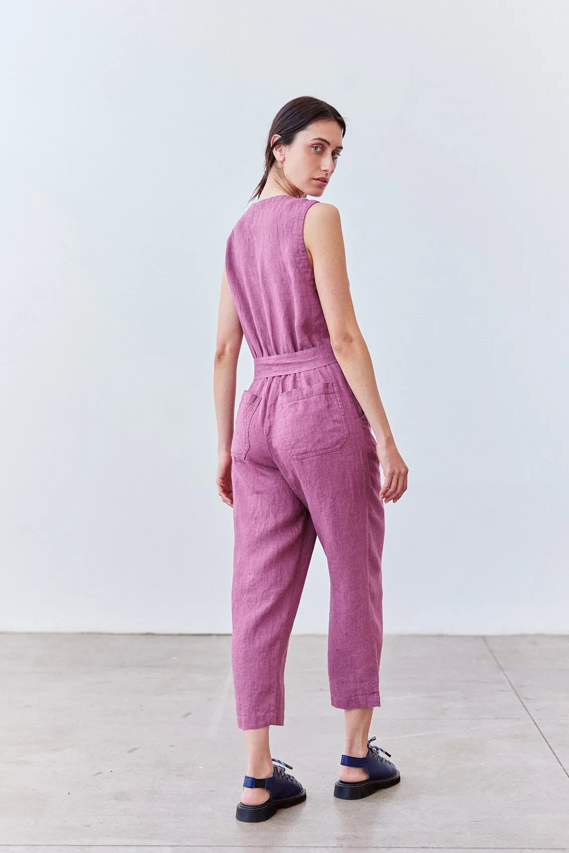 Buttoned Linen Jumpsuit - Ciruela