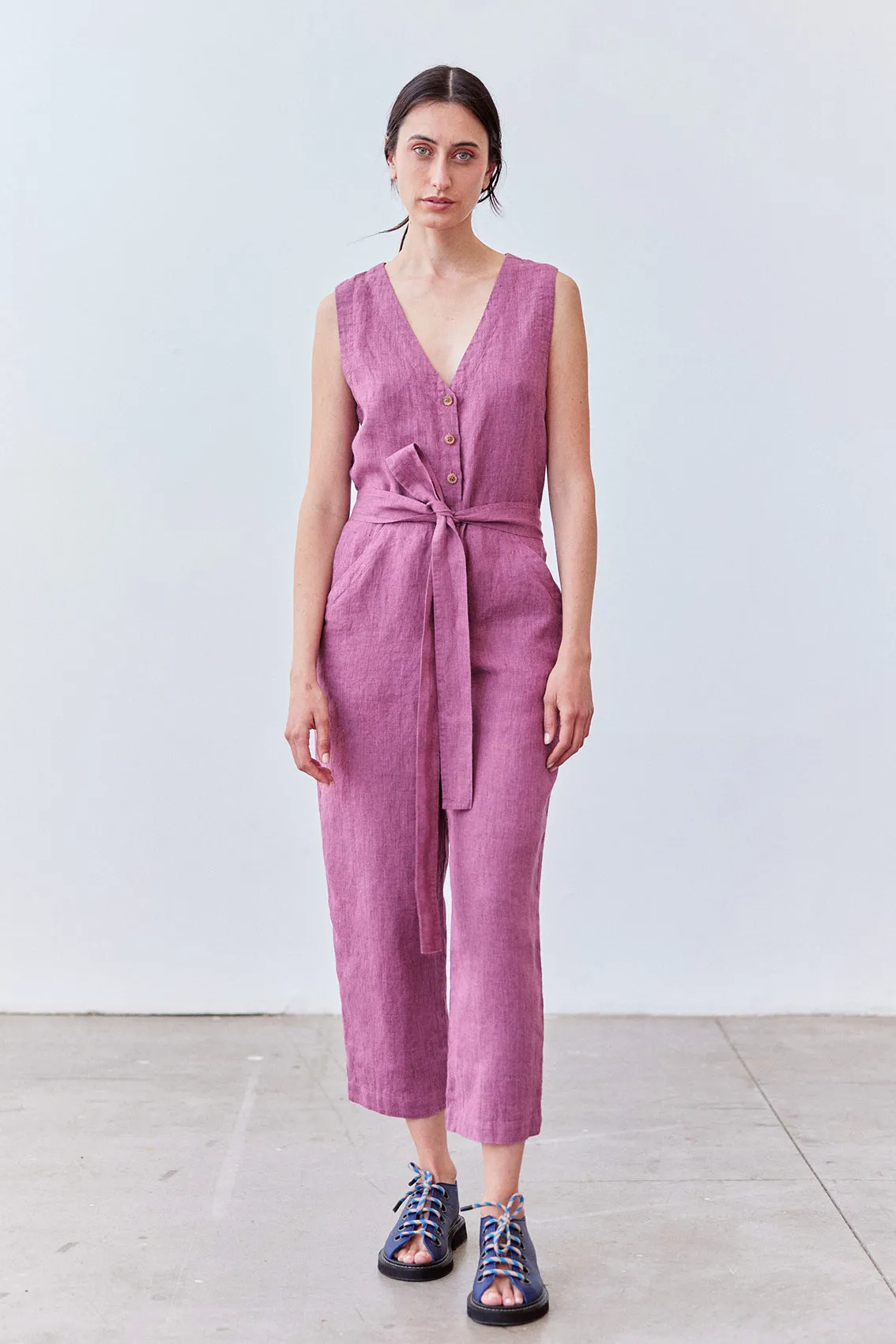 Buttoned Linen Jumpsuit - Ciruela