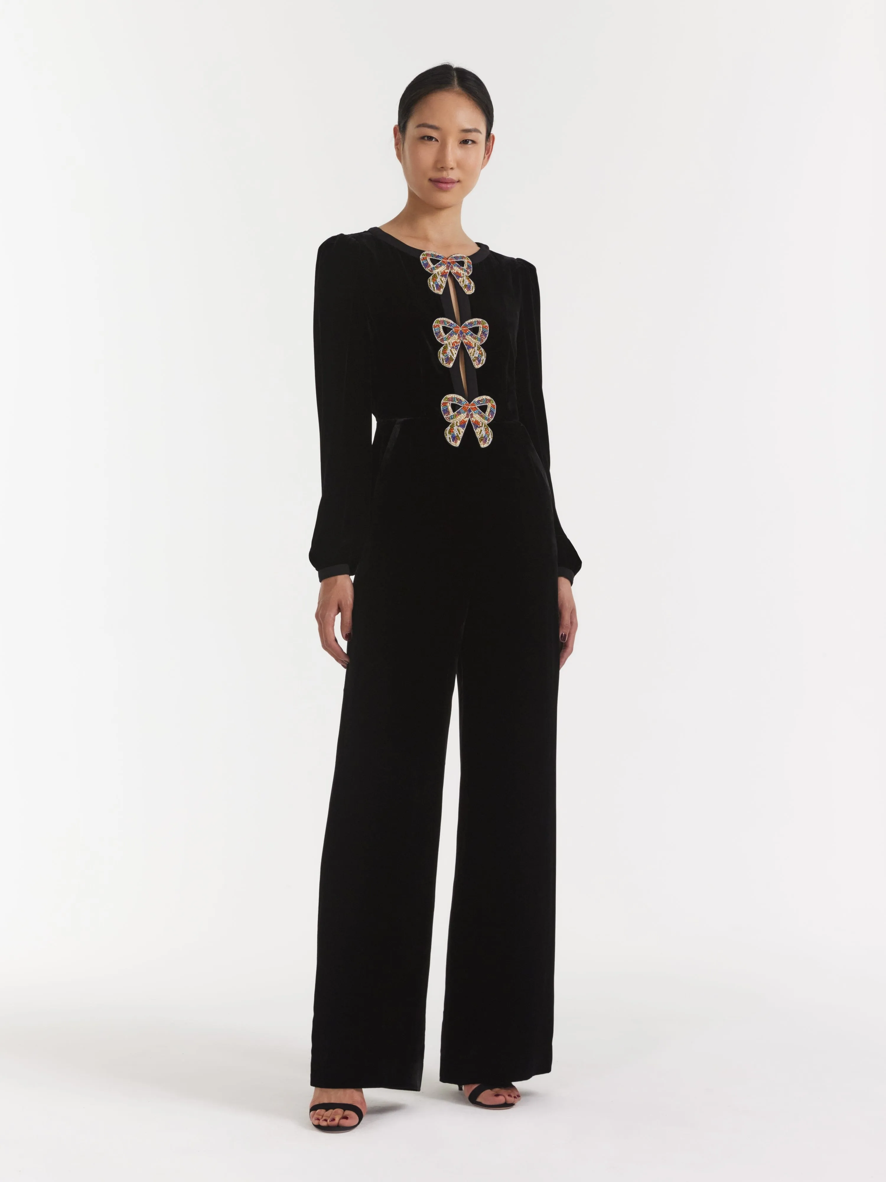 Camille Velvet Embellished Bows Jumpsuit in Black with Rainbow Bows