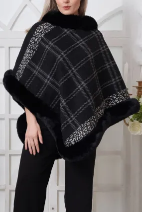 Check Pattern Faux Fur Viscose Poncho