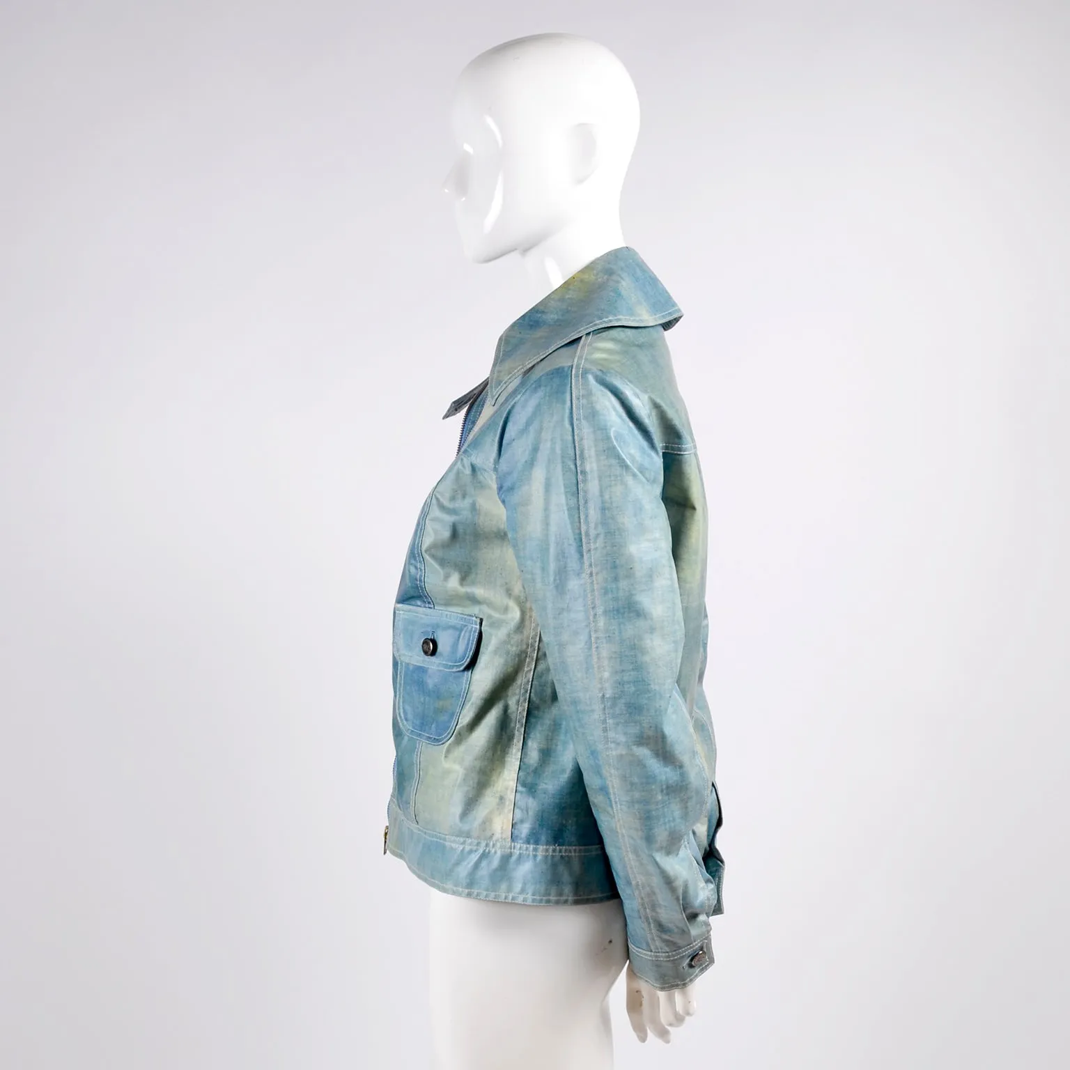 Coated Vintage Denim Jacket W/ White Rabbit Fur Lining Eclair Zipper