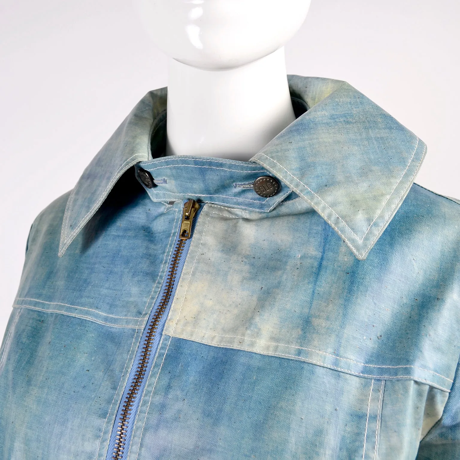 Coated Vintage Denim Jacket W/ White Rabbit Fur Lining Eclair Zipper