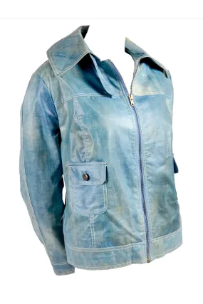 Coated Vintage Denim Jacket W/ White Rabbit Fur Lining Eclair Zipper