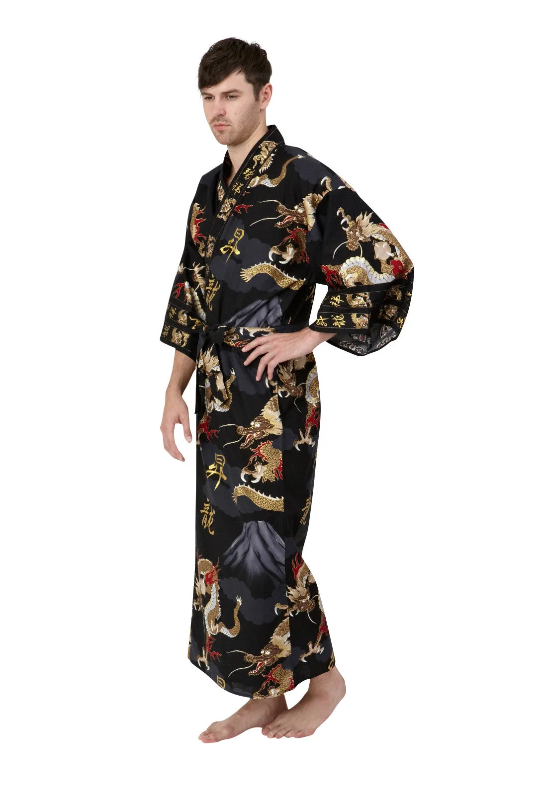 Dragon & Mt Fuji Long Cotton Kimono Black