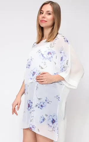 EAP9326 White Flower Print Chiffon Poncho