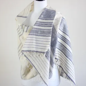 Experience Ethical Elegance - 100% Organic Kala Cotton Handwoven Wrap Scarf | Cream-Blue, 24x82"