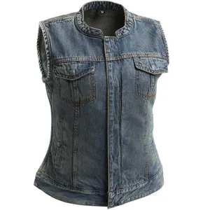 First Mfg Womens Lexy Washed Denim Motorcycle Vest