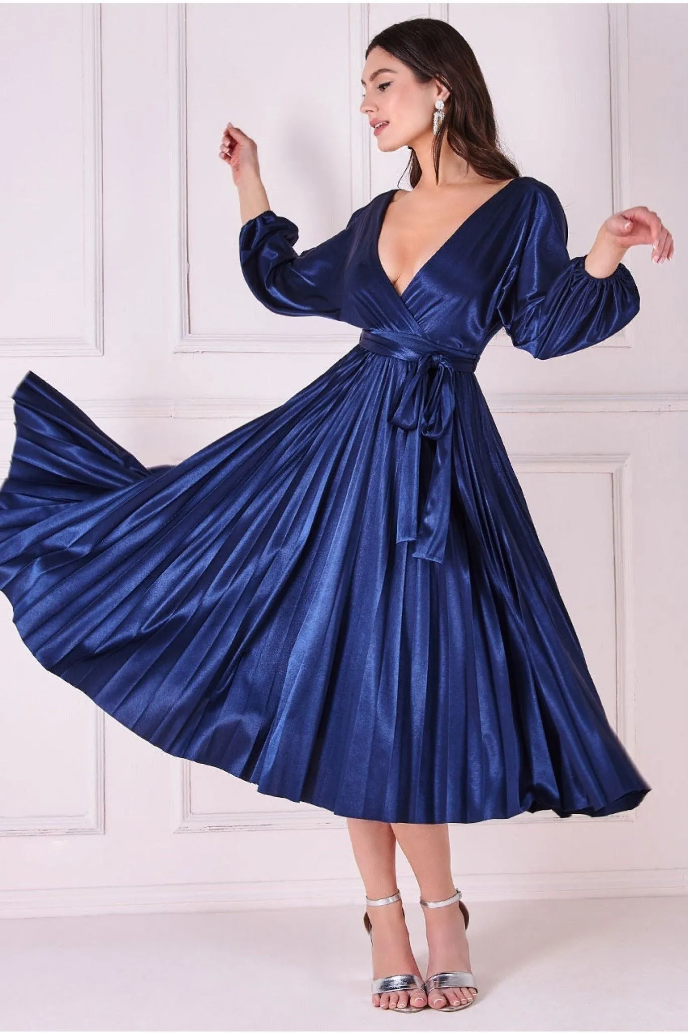 Goddiva Satin Pleated Skirt Wrap Midi Dress - Navy